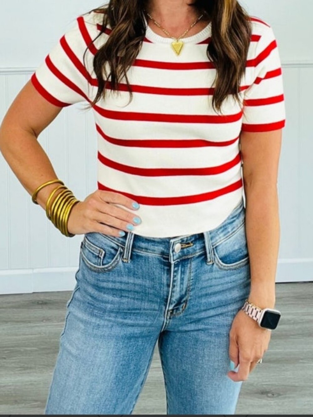 Le Lis Red and White Striped Short-Sleeve Knit Top